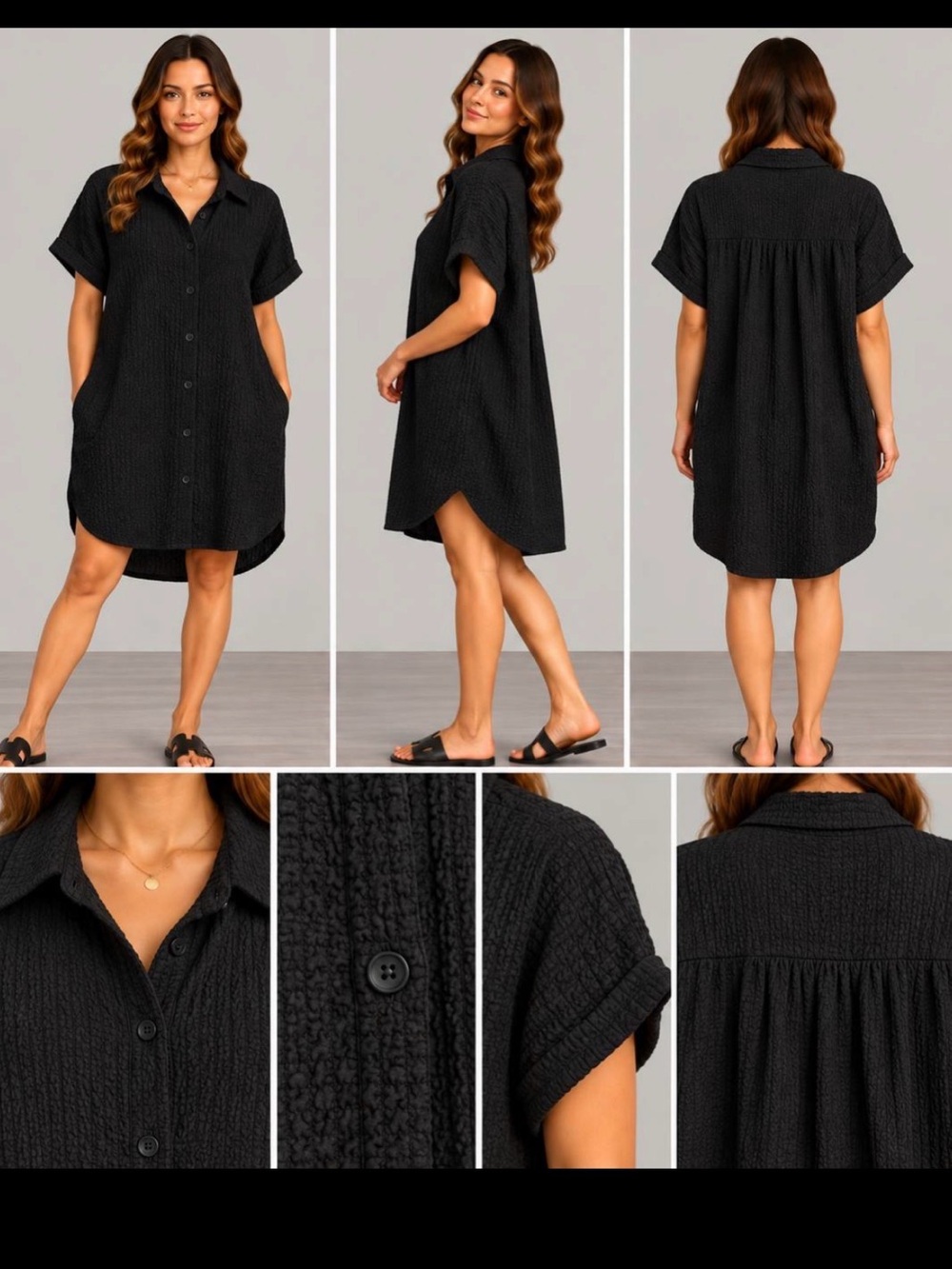 Timing Black Textured Button-Front Swim Coverup dress woman size M